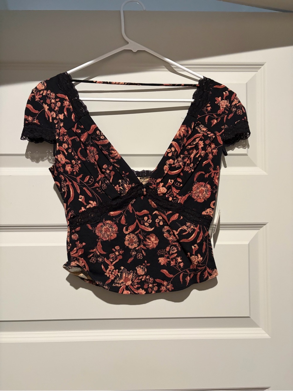 Free People Black Floral Lace-Trim Crop Top